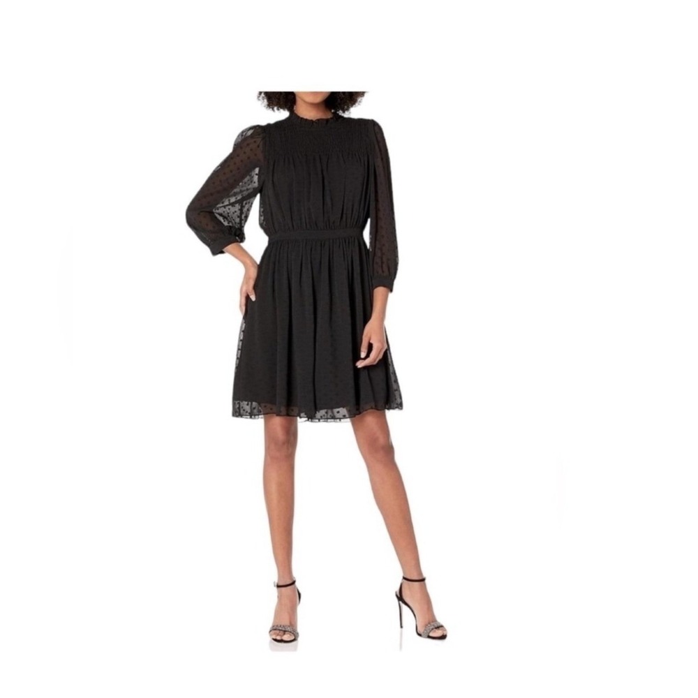 Rebecca Taylor Dress Black Clip Dot Smocked Ruffle Neck Mini Long Sleeve Size 2